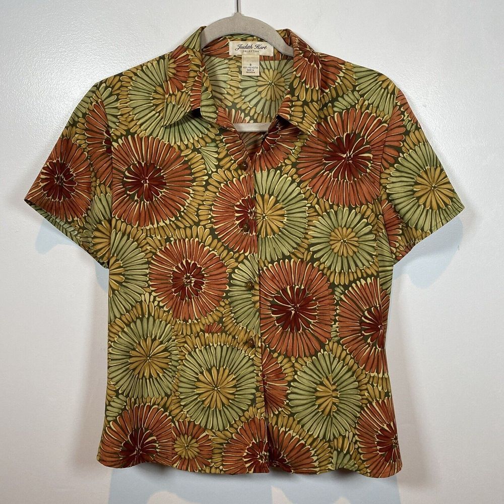 Judith Hart Womens Top Shirt Blouse Petite‎ Size 14P  Green Floral Short Sleeve
